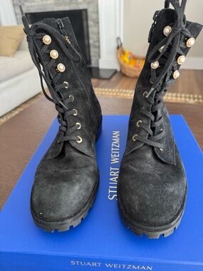 Stuart Weitzman Black Suede Lace-Up Combat Boots with Pearl Buttons